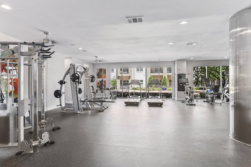 A spacious gym with a variety of equipment.