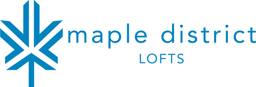A logo with a leaf and the words "maple district" and "LOFTS" below it.