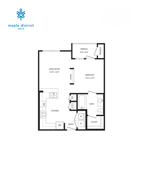 A black and white image of a floor plan for a Maple District Lofts apartment.