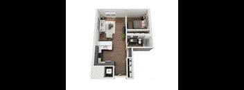 A top-down view of a small apartment with a kitchen, living room, and bedroom.