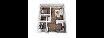 A top down view of a small apartment with a living room, kitchen, and bedroom.