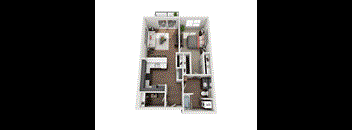 A floor plan of a small apartment with a kitchen, living room, and bedroom.