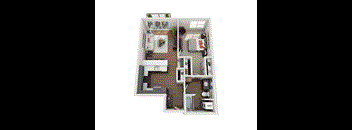 A top-down view of a small apartment layout with a kitchen, living room, and bedroom.