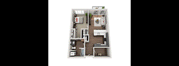 A top-down view of a small apartment layout with a kitchen, living room, and bedroom.