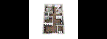 A top-down view of a small apartment with a kitchen, living room, and bedroom.
