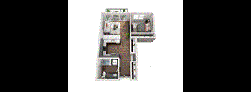 A top-down view of a small apartment with a kitchen, living room, and bedroom.