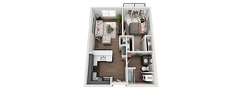 A top-down view of a small apartment layout with a kitchen, living room, and bedroom.
