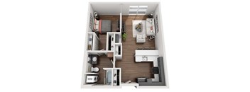 A 3D floor plan of a small apartment with a kitchen, living room, and bathroom.