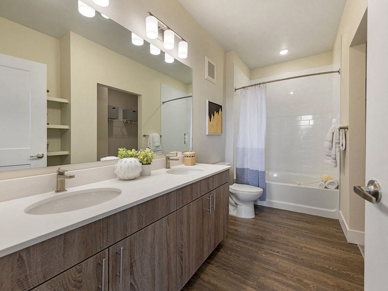 a bathroom with two sinks and a shower and a toilet
