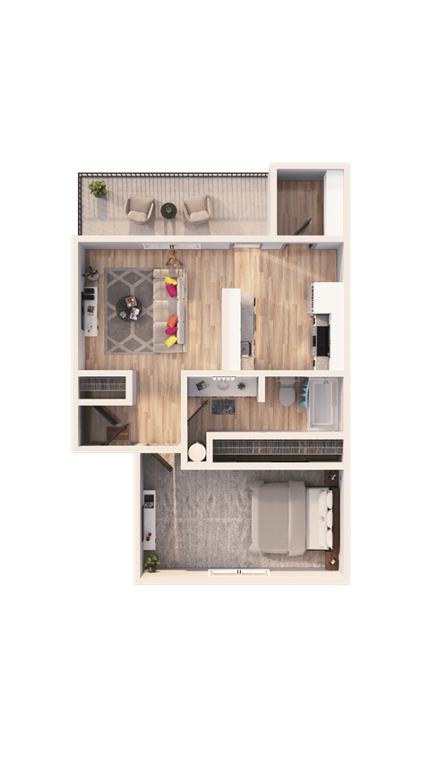 a 3D floorplan of a one bedroom floorplan