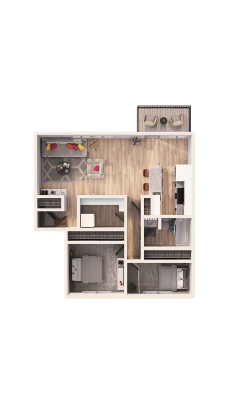 a 3D floorplan of a two bedroom floorplan