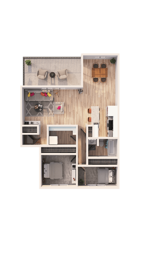 a 3D floorplan of a two bedroom floorplan