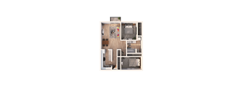 a 3D floorplan of a two bedroom floorplan