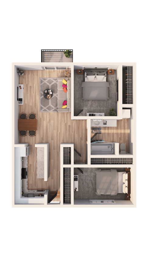 a 3D floorplan of a two bedroom floorplan