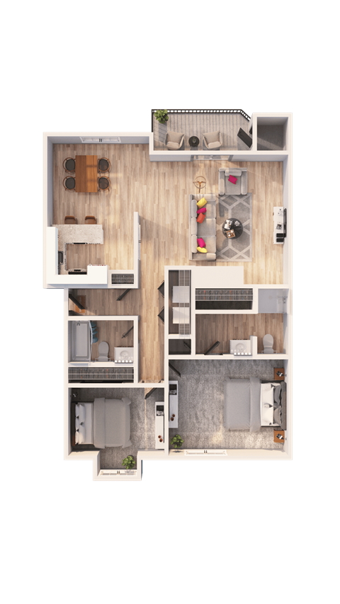 a 3D floorplan of a two bedroom floorplan