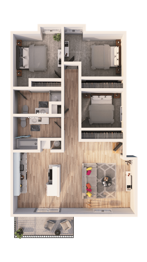 a 3D floorplan of a three bedroom floorplan