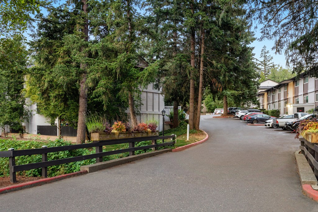 a street with houses and trees and cars parked on the side