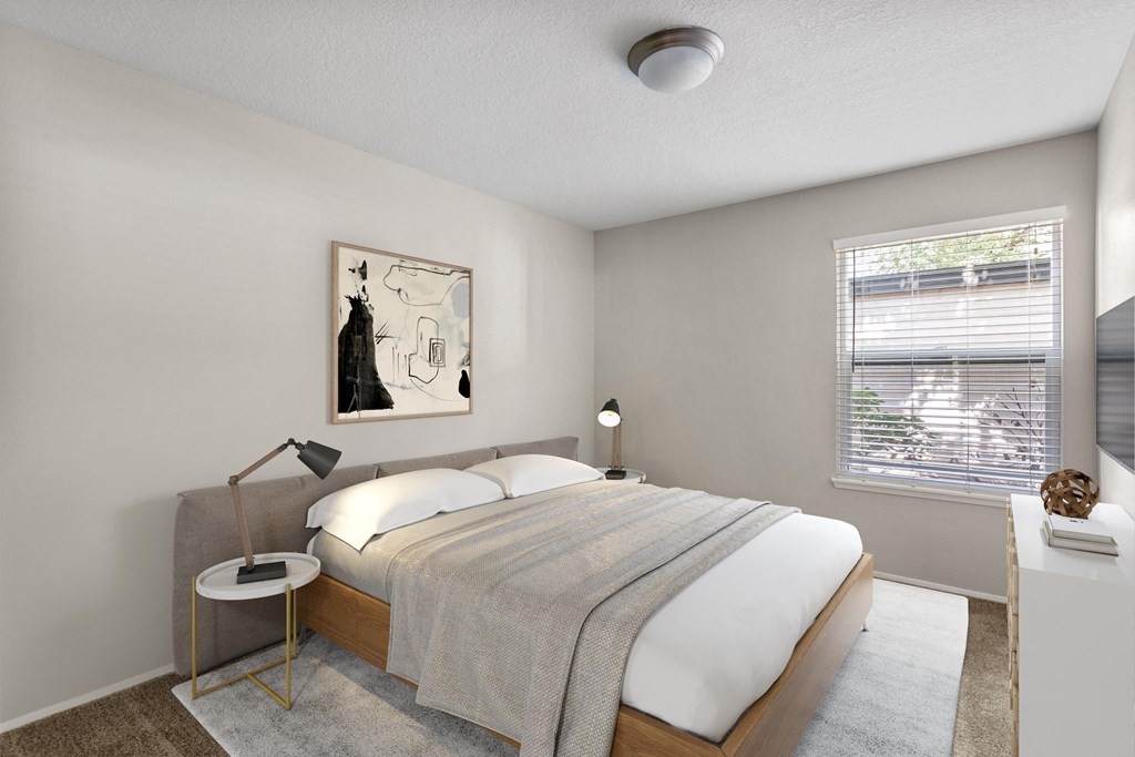 rendering of a bedroom with a bed and a window