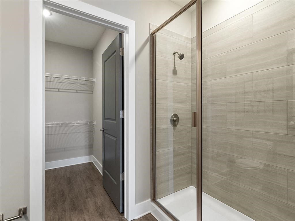A bathroom with a walk-in shower and a closet.