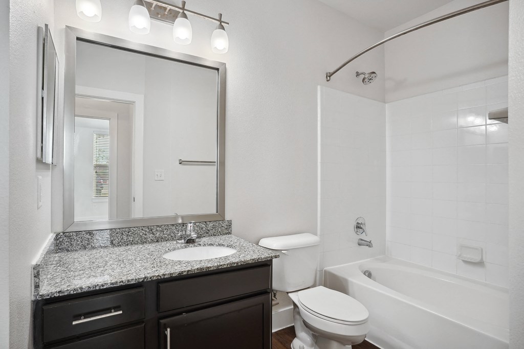 a bathroom with a sink toilet and tub and a mirror
