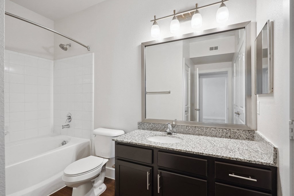 a bathroom with a large mirror and a sink and a toilet