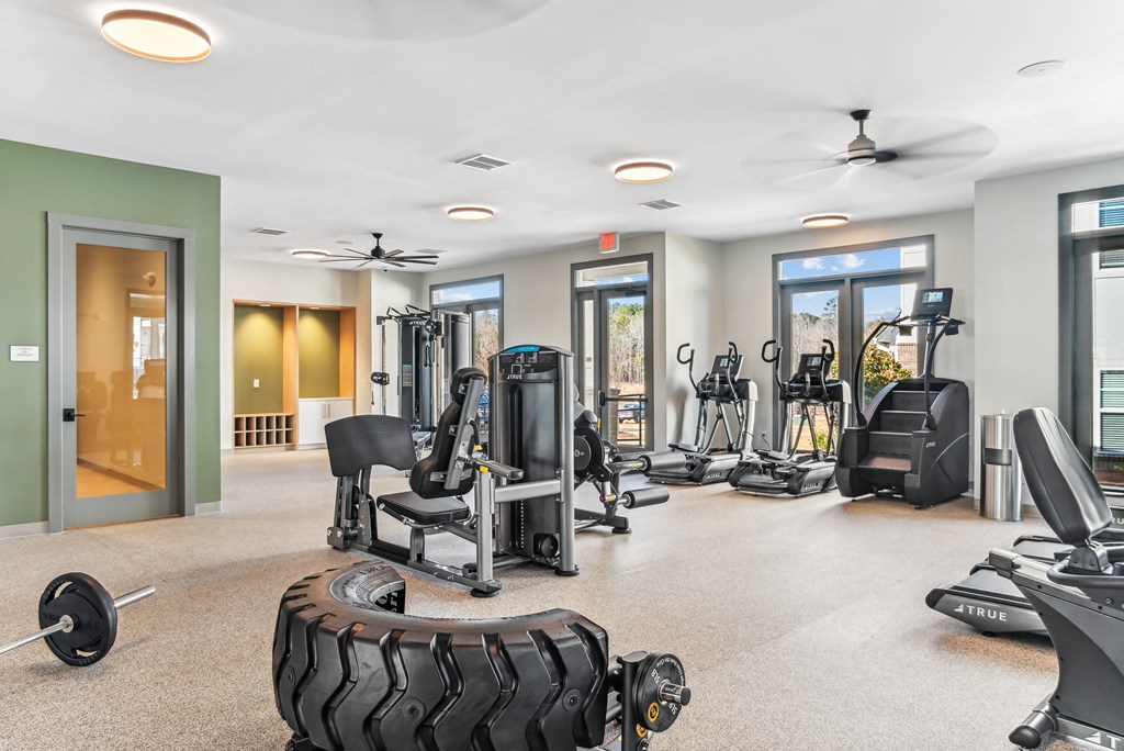 the gym has plenty of exercise equipment and windows