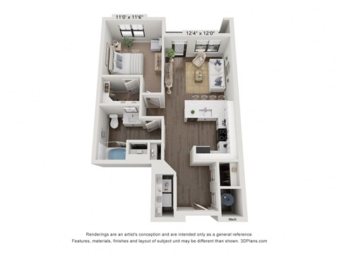 a stylized floor plan of a 1 bedroom floor plan