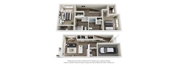 a stylized 3d floor plan of a house with a bedroom and a kitchen