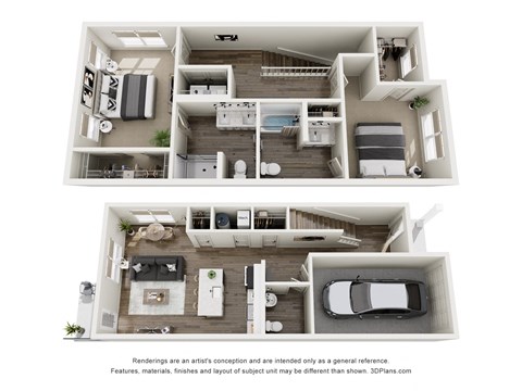 a stylized 3d floor plan of a house with a bedroom and a kitchen