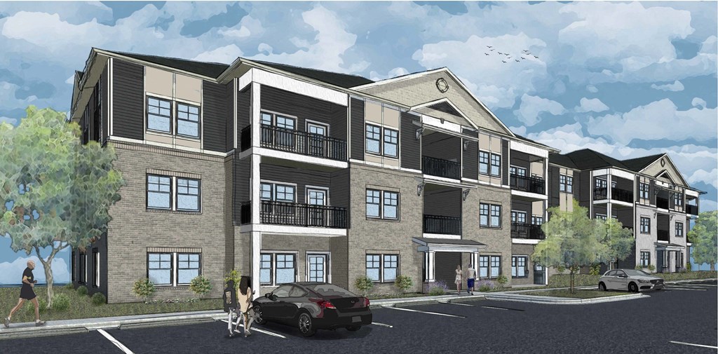 a rendering of a three story apartment building on a city street