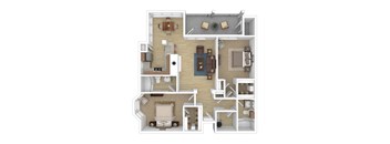 2 bedroom 2 bathroom apartment floorplan in 3D