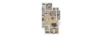 3 bedroom 2 bathroom apartment floorplan in 3D