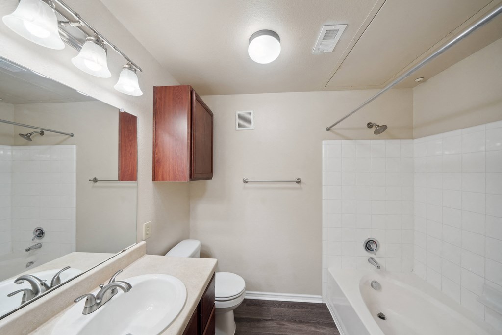 a bathroom with a sink toilet and shower and a bath tub