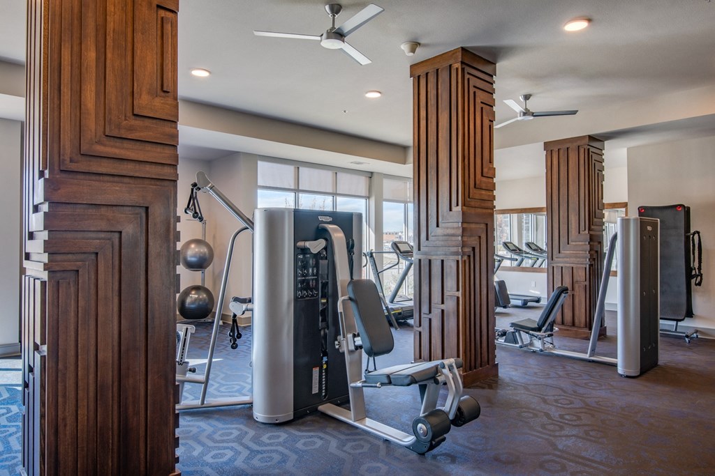 a gym with weights and cardio machines and a ceiling fan