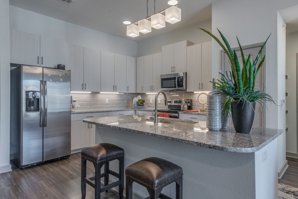 a kitchen with stainless steel appliances and a granite counter top