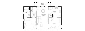 A floor plan of a small apartment with a living room, kitchen, bathroom, and bedroom.
