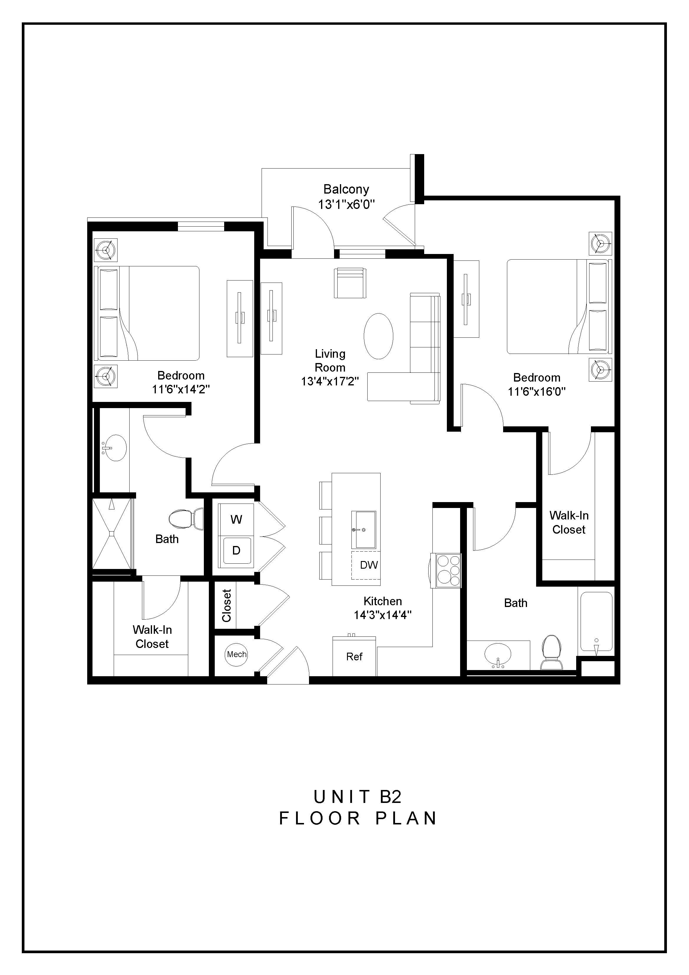 A black and white image of a floor plan for a unit labeled B2.