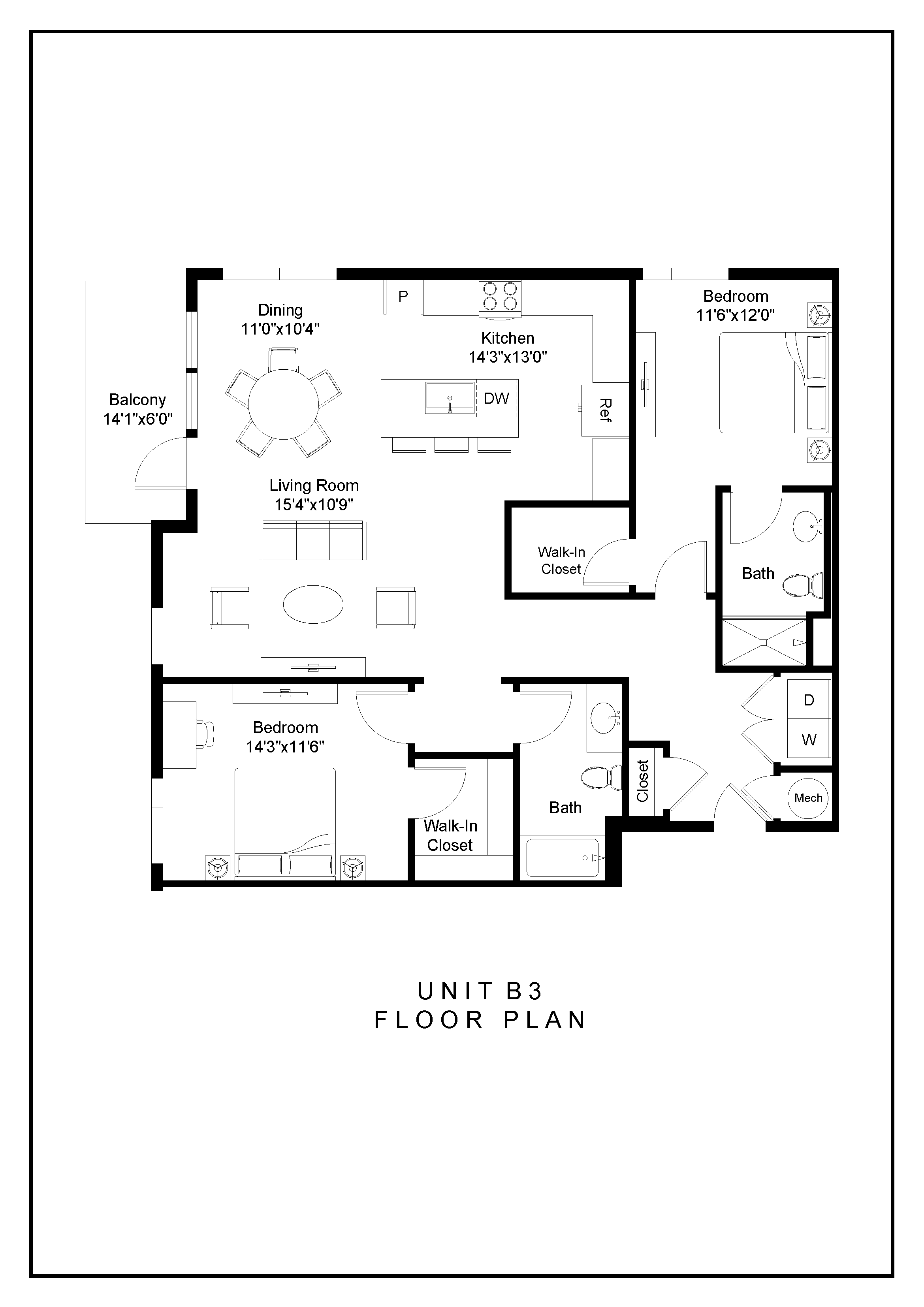 Floor plan of a unit with a living room, dining room, kitchen, and two bedrooms.