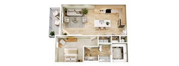 A top-down view of a modern, minimalist living space with a kitchen area.