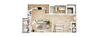 A top-down view of a modern, minimalist apartment with a kitchen, living room, and bedroom.
