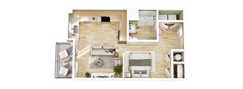 A top-down view of a modern living room with a couch, coffee table, and a television.