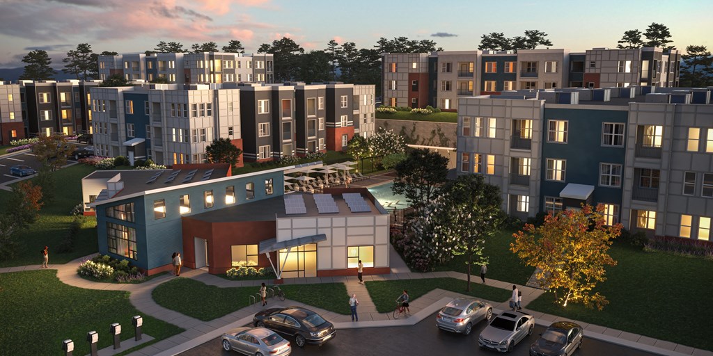 an aerial view of the apartment buildings with a pool in the foreground