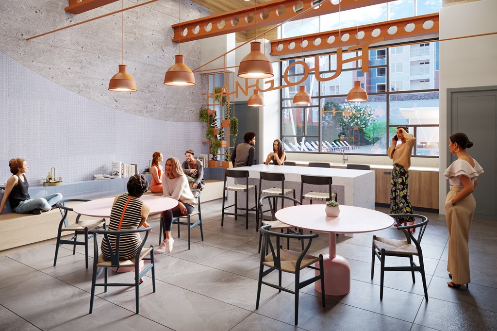 a rendering of a cafe with people sitting at tables and a bar in the background