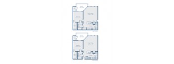 A floor plan of a two-story home with a balcony, bathroom, bedroom, living/dining area, kitchen, and laundry space.