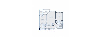 A floor plan of a house with a balcony, two bathrooms, a kitchen, a living/dining area, and two bedrooms.