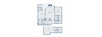 A floor plan of a house with two bedrooms, a living room, a kitchen, a bathroom, a laundry room, a wood-burning stove, and a balcony.