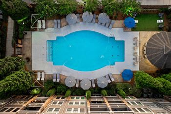 A swimming pool surrounded by a patio and trees.