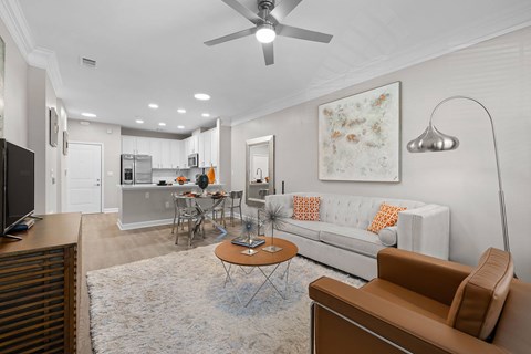 A living room with a brown couch and a white rug.