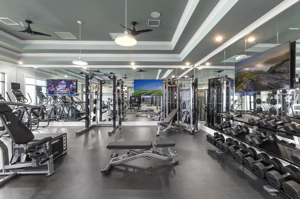 a gym with weights and cardio equipment and paintings on the wall