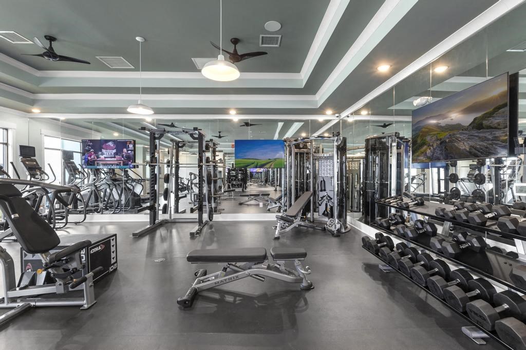 a gym with weights and cardio equipment and paintings on the wall